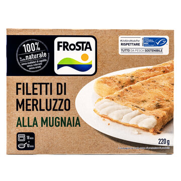Frosta Filetti di Merluzzo alla Mugnaia,pack of frozen cod meuni&egrave;re fillets,product isolated on white background