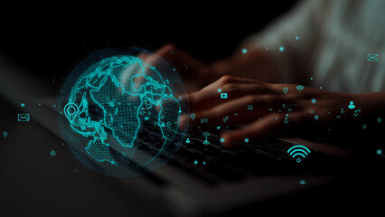 A close-up view of hands typing on a laptop, overlayed with a digital world map and connection icons, showcasing the essence of global communication and technology innovations. Xenic