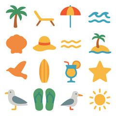 Tropical Summer Icons: A vibrant collection of icons embodies the essence of a tropical summer escape, capturing the cheerful spirit of leisure, adventure, and the bliss of seaside relaxation.