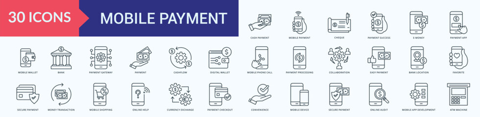 Mobile Payment Icon Set Illustration Vector Line Style