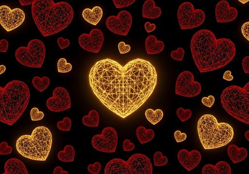 Glowing golden wireframe heart surrounded by red hearts on a black background for romantic, Valentine's Day, or love themes

