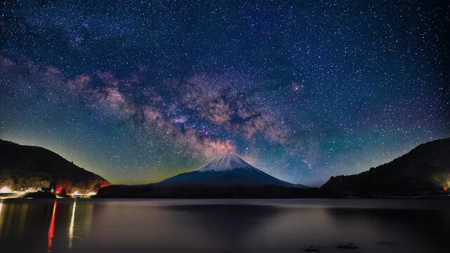 Milky Way Rising Above Snow-Capped Mt. Fuji from Lake Shojiko &ndash; Timelapse Night to Blue Hour &ndash; Fixed Black Crush, Noise Reduced &ndash; 4K SDR Astrophotography Japan