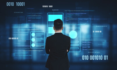 UI UX mockup showing application layout, structure, and code interface. UI design defines user flow, UI design improves clarity, UI design enhances experience, and UX design supports logic. Vouch