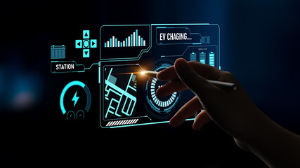 Charging interface for electric vehicles showing real-time battery level, charging status, power output, station location, and navigation for efficient energy management Latch