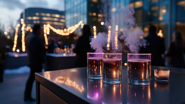 A close-up shot of steaming drinks in elegantly lit glasses, creating a warm, festive atmosphere perfect for social gatherings and holiday celebrations.