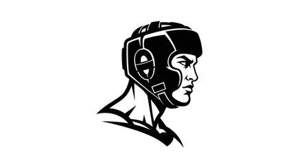 Determined Boxer with Protective Headgear in Striking Black and White Illustration.
