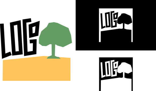 Abstract geometric tree logo cutout on a field, tree on a mountain, bold modern typography, minimalist creative vector symbol for business identity, digital studio or product label