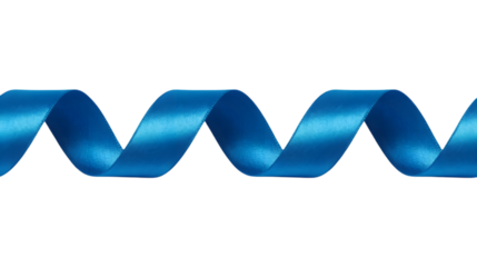 Shiny blue satin ribbon wave isolated on white, decorative silk tape spiral texture, curly gift band border, for holiday, present, banner, design, element.