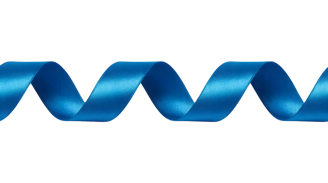 Shiny blue satin ribbon wave isolated on white, decorative silk tape spiral texture, curly gift band border, for holiday, present, banner, design, element.