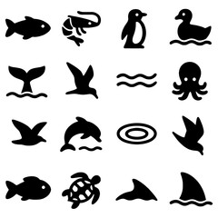 Marine Life Icons: A visually striking collection of marine life icons, designed with bold simplicity and a focus on essential form. Perfect for use in design, information graphics.