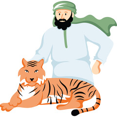 Man Wearing Traditional Light Blue Tunic and Green Turban Poses with Orange Tiger on Transparent Background