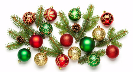 Traditional Christmas ornaments and pine branch isolated on white