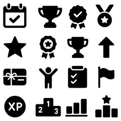 Iconic Victory: Collection of diverse minimalist icons representing achievement, awards, and milestones. Each symbol embodies success and progress, perfect for visual communication.