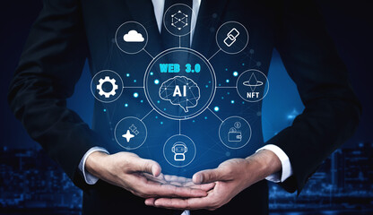 The Web 3.0 technology ecosystem, the next generation of the internet. A concept of a decentralized web with AI, blockchain, NFT, and cryptocurrency. Motif