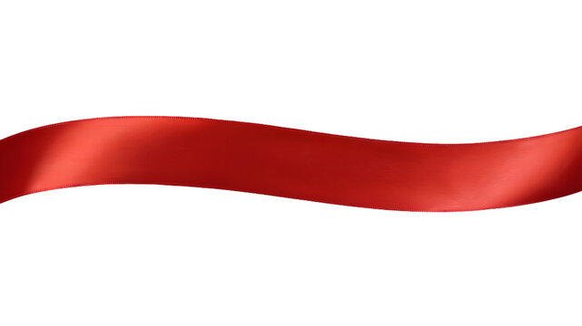 Wide red satin ribbon wave isolated on white, shiny silk gift tape texture, decorative wavy banner border, holiday celebration background, for christmas, valentine, present, design.