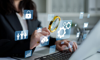 A concept of business operations and enterprise system integration. The components of a company including security, data, and cloud infrastructure. Motif