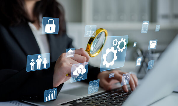 A concept of business operations and enterprise system integration. The components of a company including security, data, and cloud infrastructure. Motif