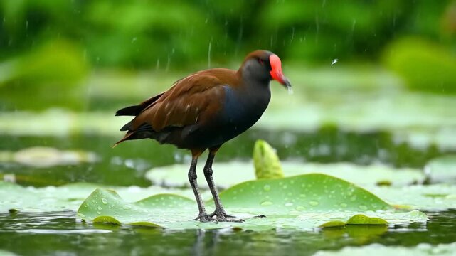 Bird on water lily leaf in the rain. Serene nature scenery.