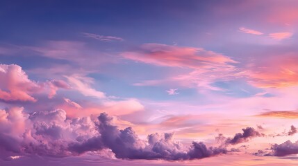 Dramatic Sky with Pink and Purple Clouds at Sunset for Backgrounds and Textures Featuring a Gradient of Soft Colors and Fluffy Cloud Formations