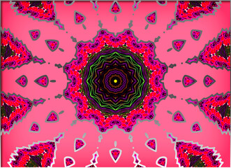 Geometric echoes ripple outward, weaving a hypnotic tapestry of vibrant pink and verdant green.