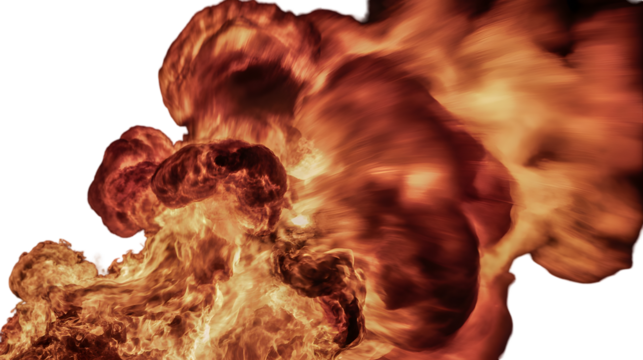 Massive fire explosion with heavy dark smoke, realistic bomb blast cloud texture isolated on white, hot inferno combustion background, for vfx, action, war, danger.