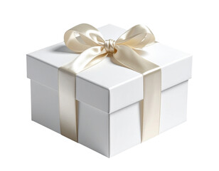 Obraz premium Elegant White Gift Box with Cream Satin Ribbon and Bow – Luxury Celebration PNG