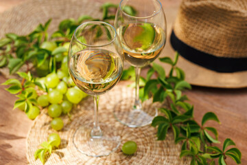 Two glasses of white wine with green grapes and fresh vines on sunlit outdoor table..