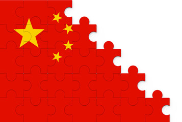 China flag puzzle pieces on a isolated background. Flag of the china from puzzles. Puzzle- frame background in colors of national flag.