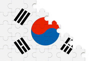 South korea flag puzzle pieces on a isolated background. Flag of the south korea from puzzles. Puzzle- frame background in colors of national flag.