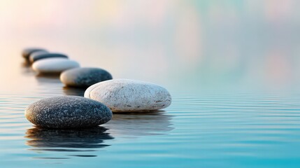 Smooth Stones in a Row Floating on Calm Water with Soft Lighting and Blurred Background