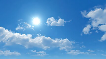 Sunny Blue Sky with Puffy White Clouds Panoramic View Serene Weather Bright Sunlight Natural Light Clear Day Light Blue Sky Fluffy Clouds Sky Background