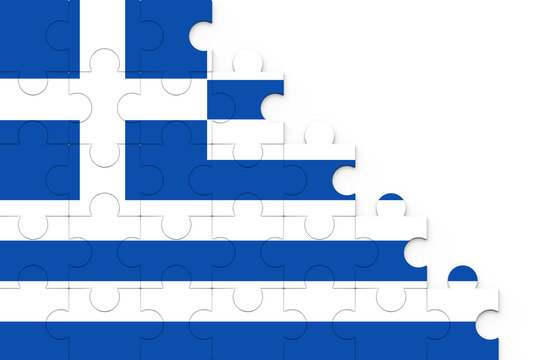 Greece flag puzzle pieces on a isolated background. Flag of the greece from puzzles. Puzzle- frame background in colors of national flag.