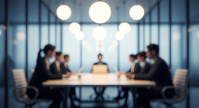 Blurred corporate meeting scene depicting a diverse professional team at work session