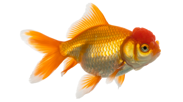 Vibrant golden goldfish isolated on transparent background, swimming gracefully, a captivating aquatic pet with flowing fins on display