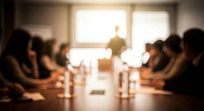 Blurred corporate meeting, a gathering of professionals in a bright environment
