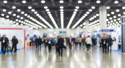 Blurred exhibition hall scene conveys the bustling atmosphere of a trade fair event