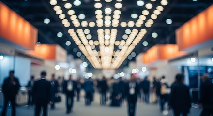 Blurred crowd walking through large convention center bathed in ambient lighting