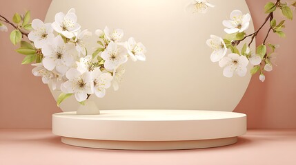 Podium flower product white 3d spring table beauty stand display nature white. Garden floral background cosmetic field scene gift day.