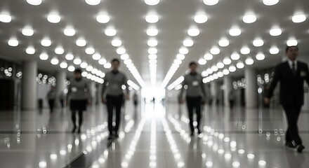 Blurred figures traversing a bright corridor illuminated by rows of lights forming perspective,