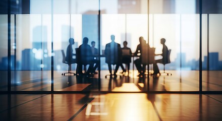 Blurred silhouettes of business professionals engaged in a meeting within an expansive modern