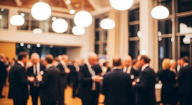 Blurred scene of a corporate networking event with people conversing beneath modern lighting fixture