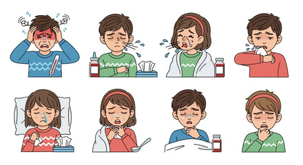 Sick children suffering from various cold and flu symptoms illustration set
