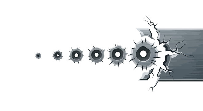 Graphic depicting a progression of bullet holes shattering a metallic surface, creating an impactful visual