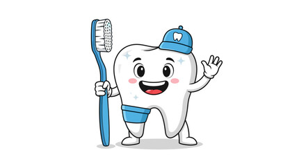 Happy cartoon tooth with a toothbrush, promoting dental hygiene and oral care for children and adults