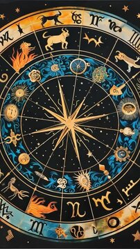 Intricate astrological zodiac wheel with celestial symbols and star compass.