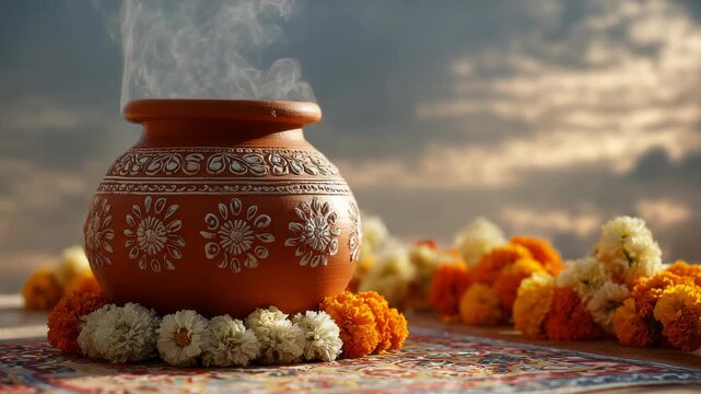 Earthen pot with floral designs, garlands and smoke, traditional ceremony