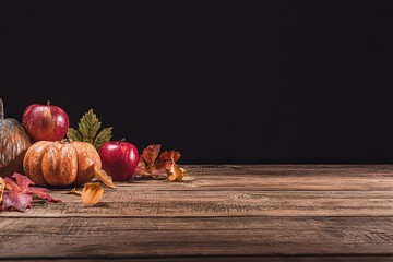 Autumn Harvest Still Life with Pumpkins Apples and Fall Leaves on Rustic Wooden Table with Dark Background