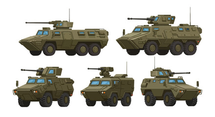 Obraz premium Collection of light armored military vehicles with turrets, designed for combat and transport