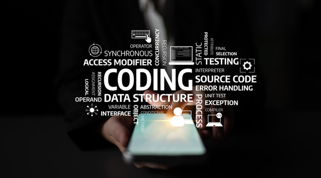 An artistic depiction of coding themes, showcasing essential coding terms layered around a person holding a tablet, representing modern technology and innovation. Tessel