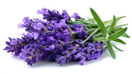 Close Up Bunch of Purple Lavender Flowers with Green Leaves on White Background Isolated for Decoration and Aromatherapy